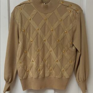 St John Gold Button and suede Tan Sweater